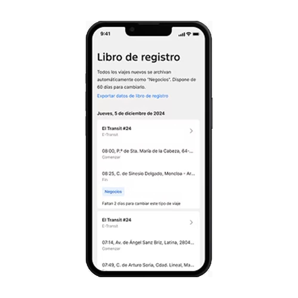 Captura de pantalla de Ford Pro Telematics Drive con un libro de registro que muestra los viajes recientes de un vehículo.