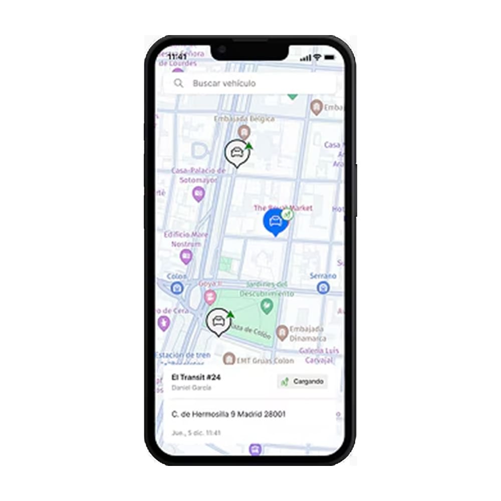 Vista de Ford Pro Telematics Drive con mapa en vivo de tres vehículos, uno resaltado con estado y ubicación.