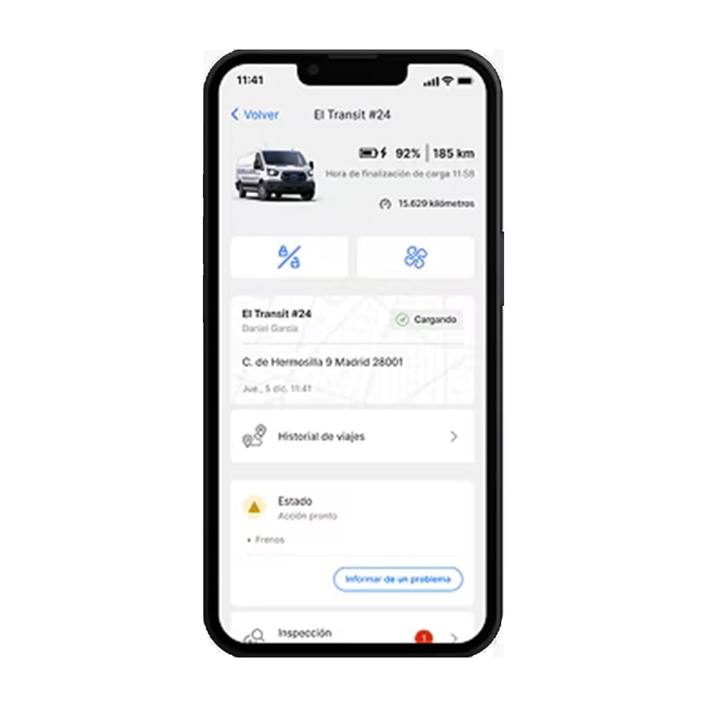 Vista de Ford Pro Telematics Drive de una página de vehículo, mostrando varios indicadores.