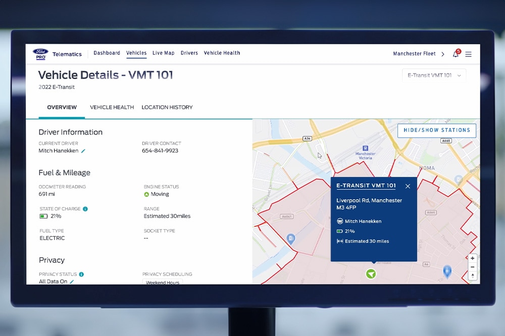 Un salpicadero que muestra la función de seguimiento de flotas GPS de Ford.