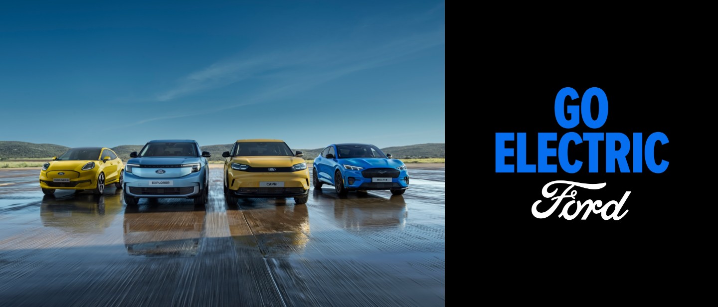 Ford Puma Gen-E,  Ford Explorer, Ford Capri y  Ford Mustang Mach-E en línea junto a un gráfico de Go Electric sobre un fondo azul.
