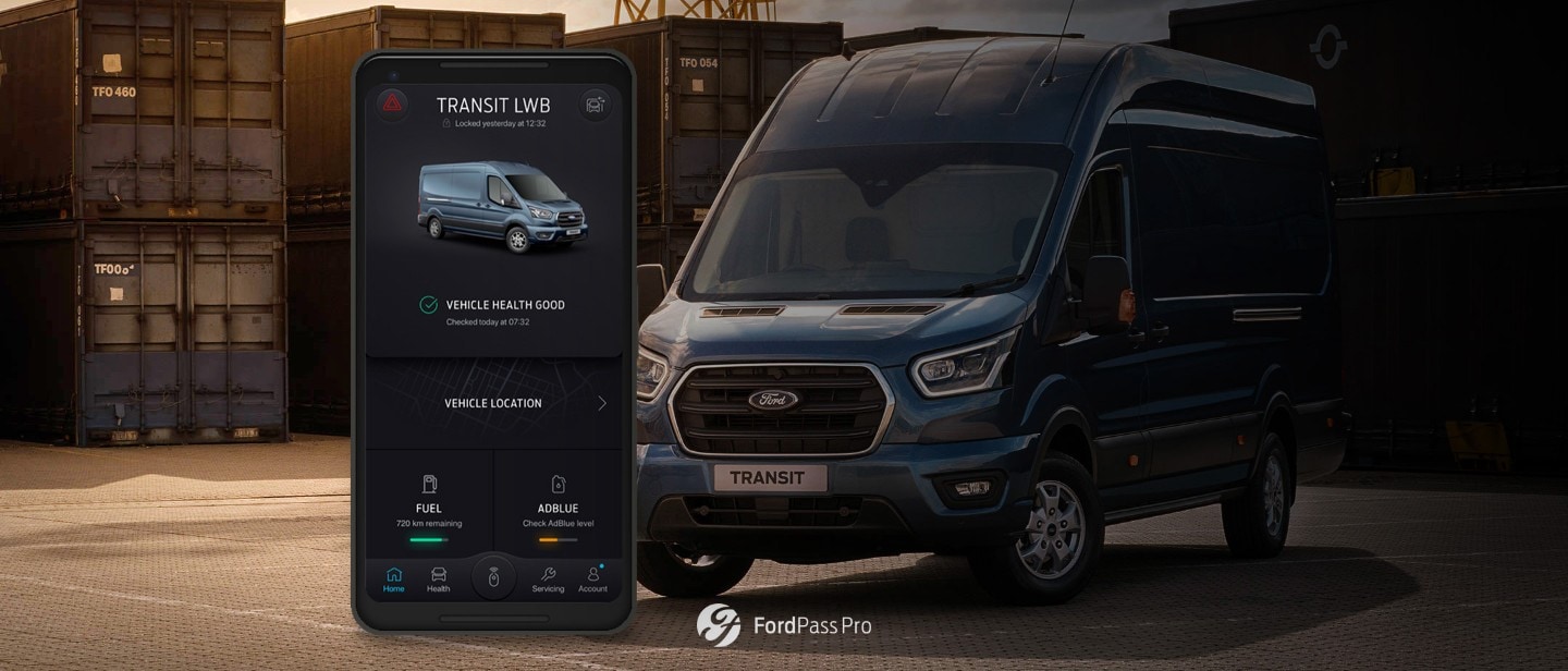 Ford PassPro phone with an App and Ford Transit Van in background