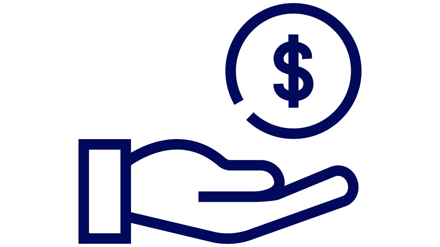 Icono de mano sujetando un dólar, pone "VALOR".